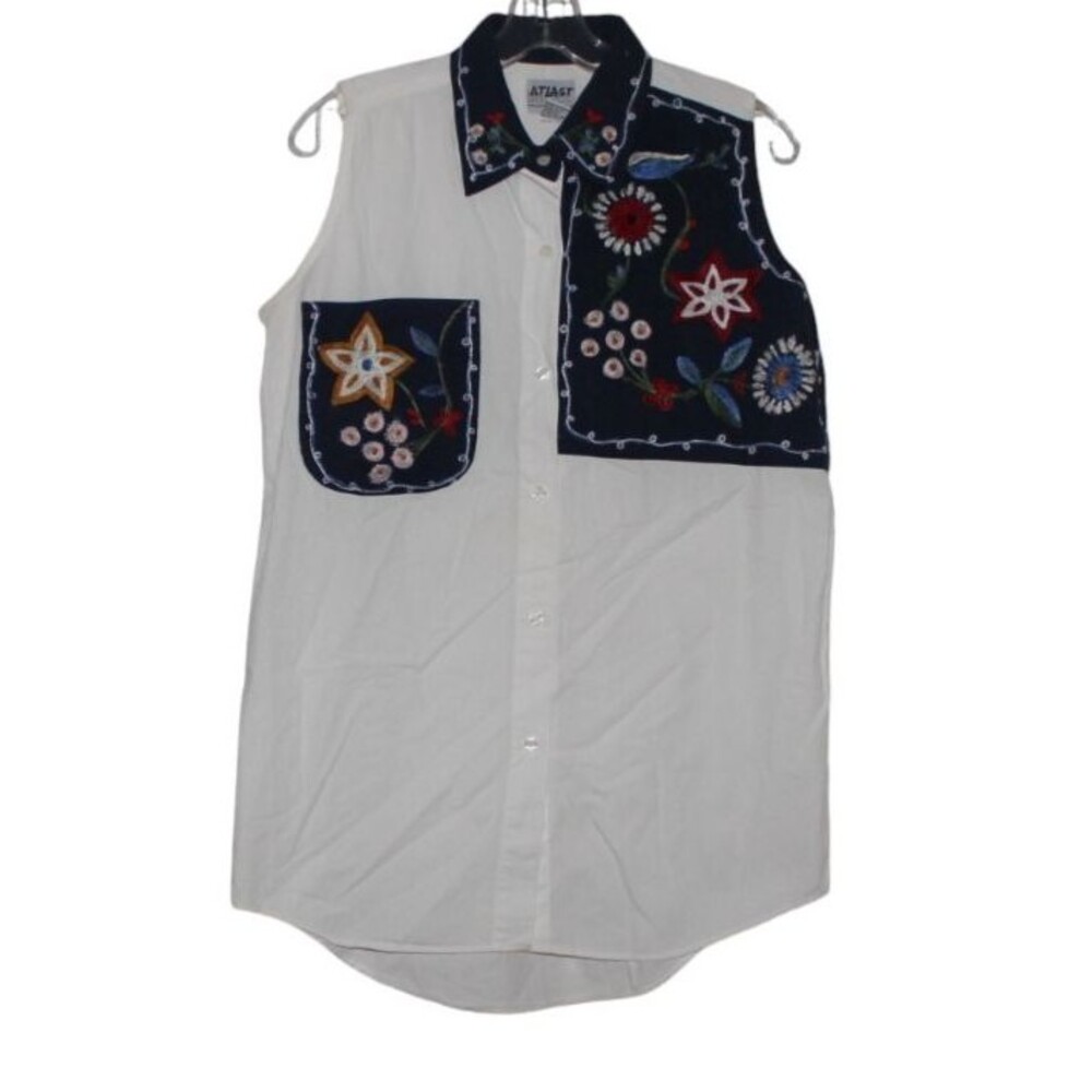 AtLast Basics Blouse Button Down Sleeveless Shirt Embroidered Floral White Sz M